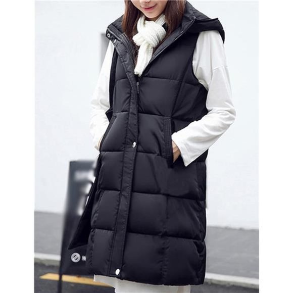 Women's Long Puffer Vest Sleeveless Coat Quilted Vest Jacket with Hood - Picture 2 of 7